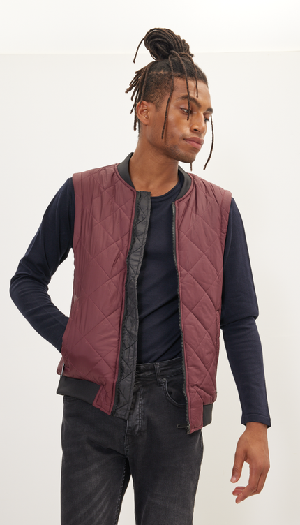 Padded Contrast Placket Vest - Bordeaux - Ron Tomson