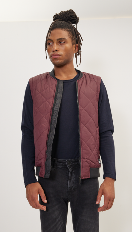 Padded Contrast Placket Vest - Bordeaux - Ron Tomson