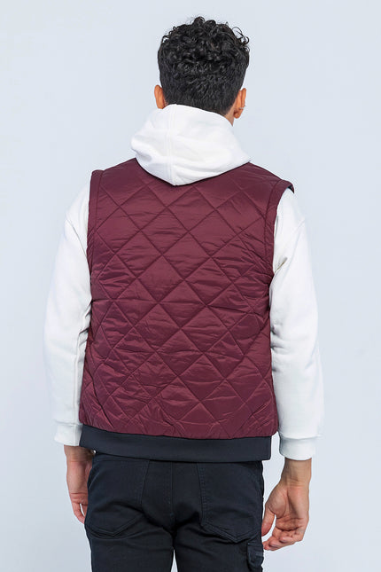 Padded Contrast Placket Vest - Bordeaux - Ron Tomson