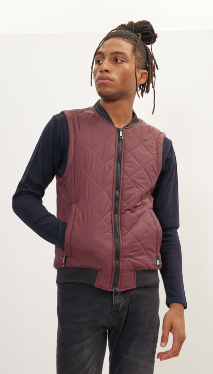 Padded Contrast Placket Vest - Bordeaux - Ron Tomson