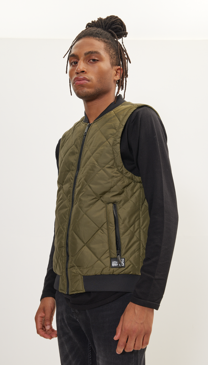 Padded Contrast Placket Vest - Khaki - Ron Tomson