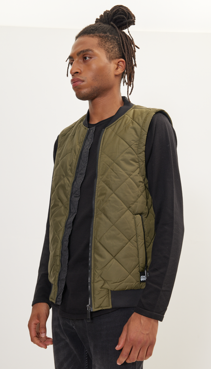 Padded Contrast Placket Vest - Khaki - Ron Tomson