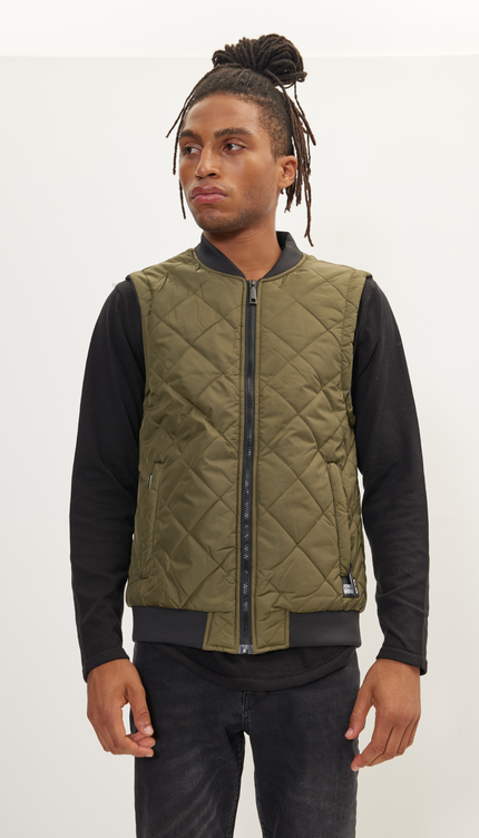 Padded Contrast Placket Vest - Khaki - Ron Tomson