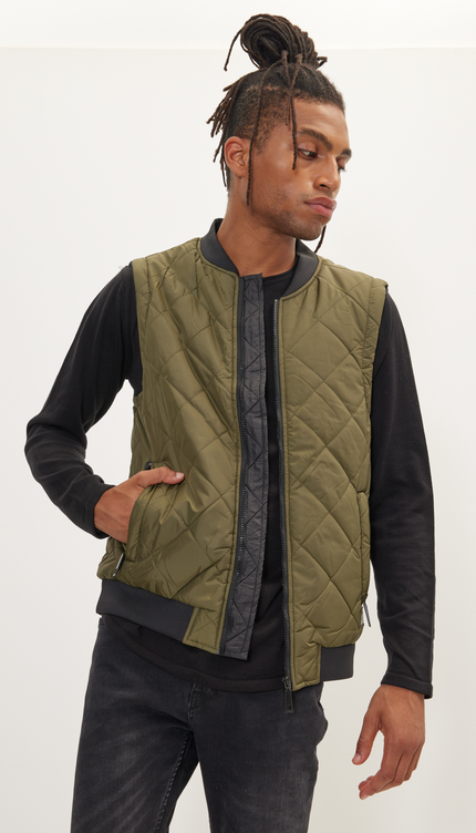 Padded Contrast Placket Vest - Khaki - Ron Tomson