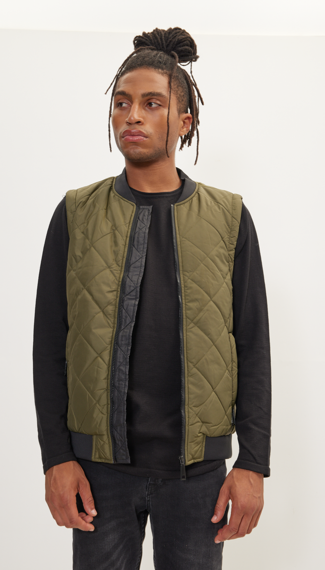 Padded Contrast Placket Vest - Khaki - Ron Tomson