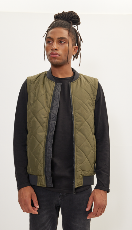Padded Contrast Placket Vest - Khaki - Ron Tomson