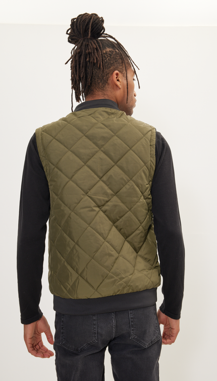 Padded Contrast Placket Vest - Khaki - Ron Tomson