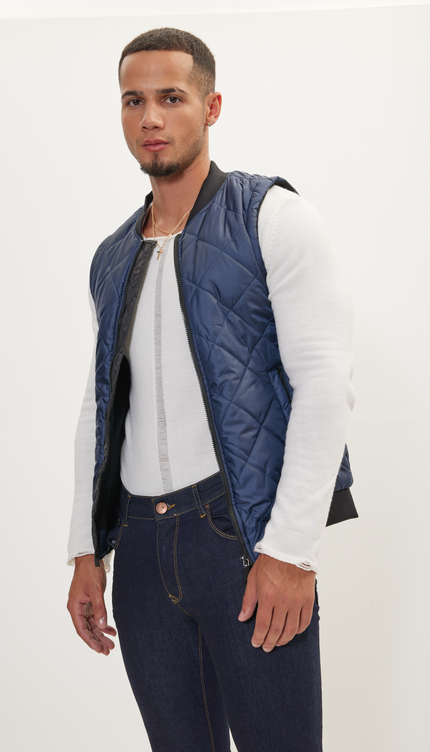 Padded Contrast Placket Vest - Navy - Ron Tomson