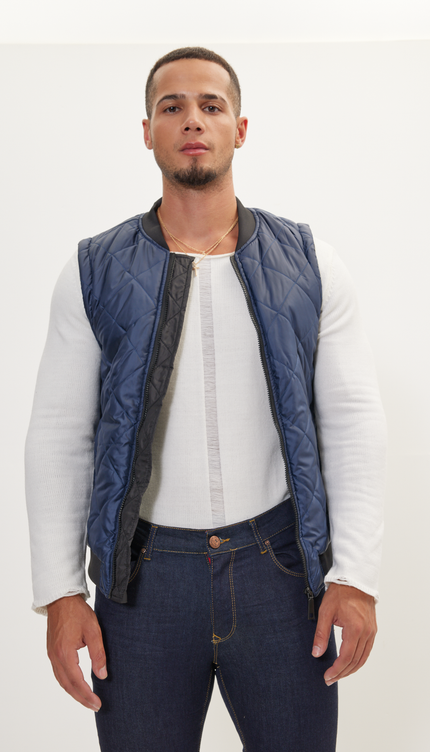 Padded Contrast Placket Vest - Navy - Ron Tomson