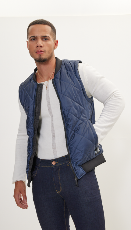 Padded Contrast Placket Vest - Navy - Ron Tomson