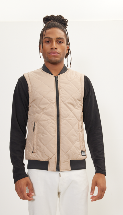 Padded Contrast Placket Vest - Stone - Ron Tomson