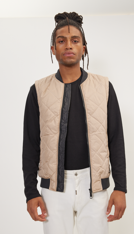 Padded Contrast Placket Vest - Stone - Ron Tomson