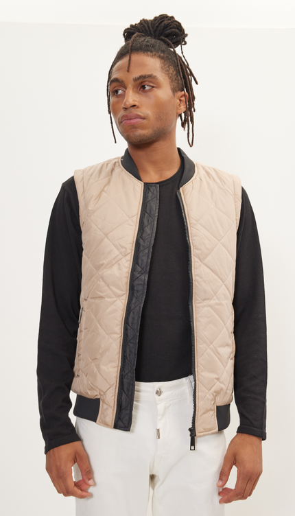 Padded Contrast Placket Vest - Stone - Ron Tomson