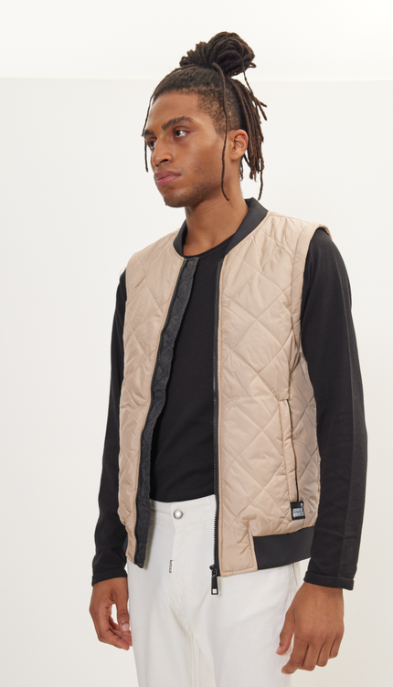 Padded Contrast Placket Vest - Stone - Ron Tomson