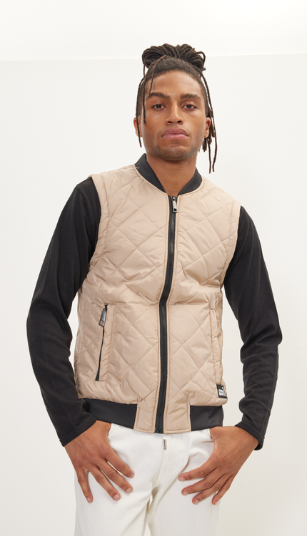 Padded Contrast Placket Vest - Stone - Ron Tomson