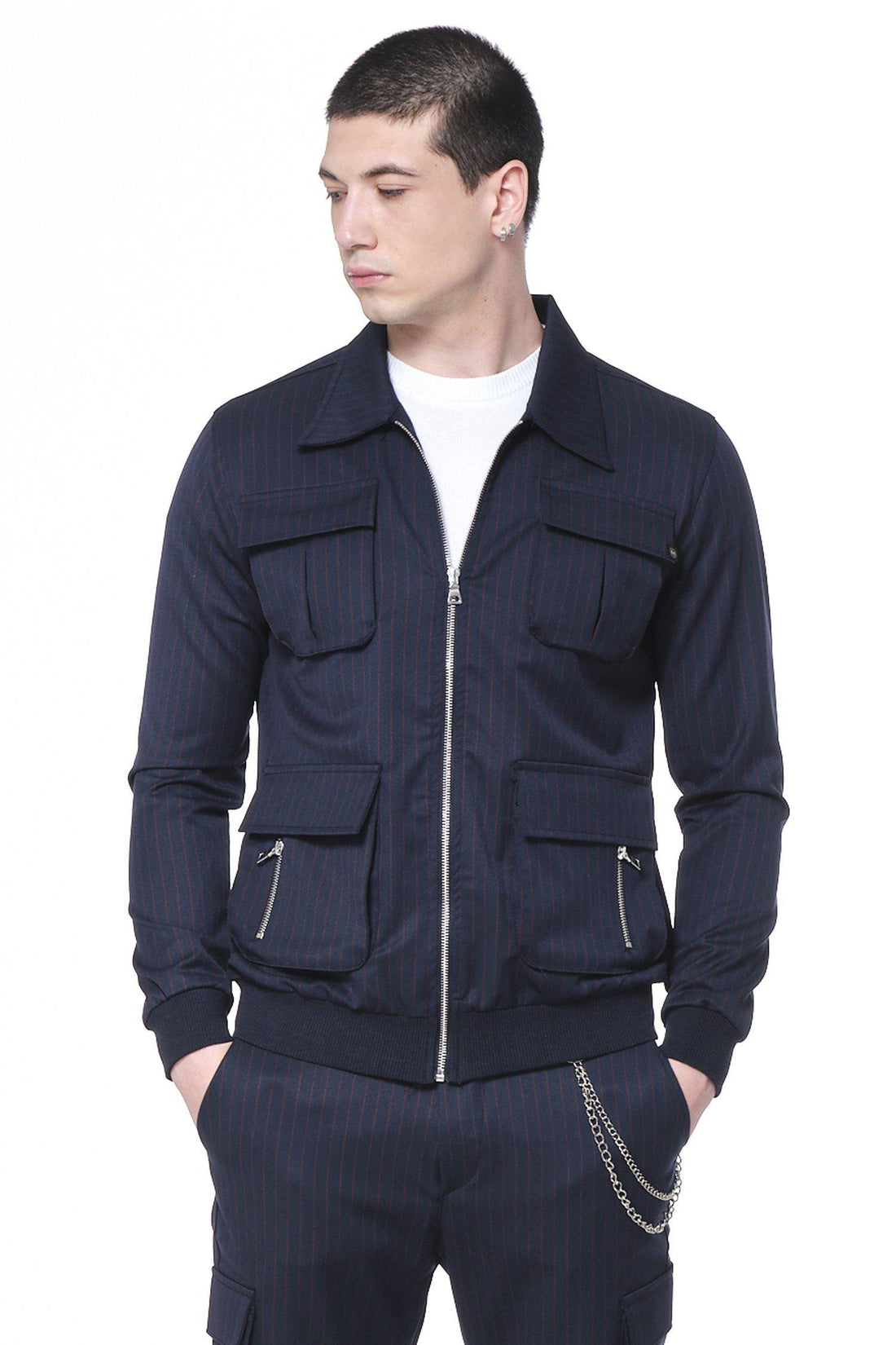 Pinstriped Utility Jacket - Navy Red - Ron Tomson
