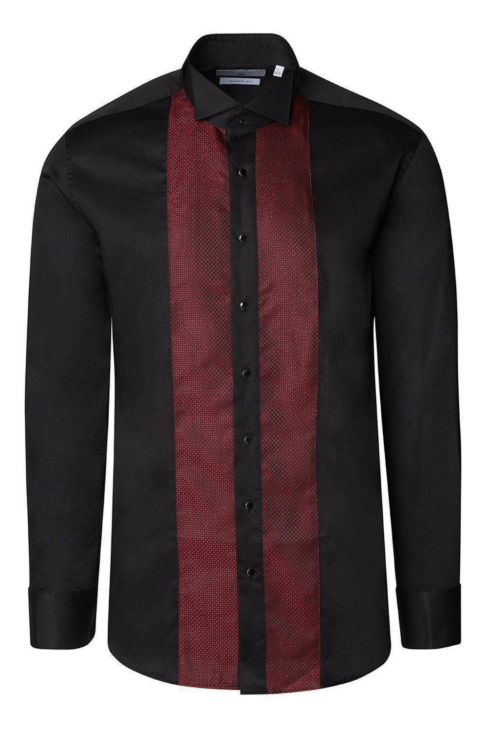 Pique Bib Tuxedo Shirt - Black Burgundy - Ron Tomson