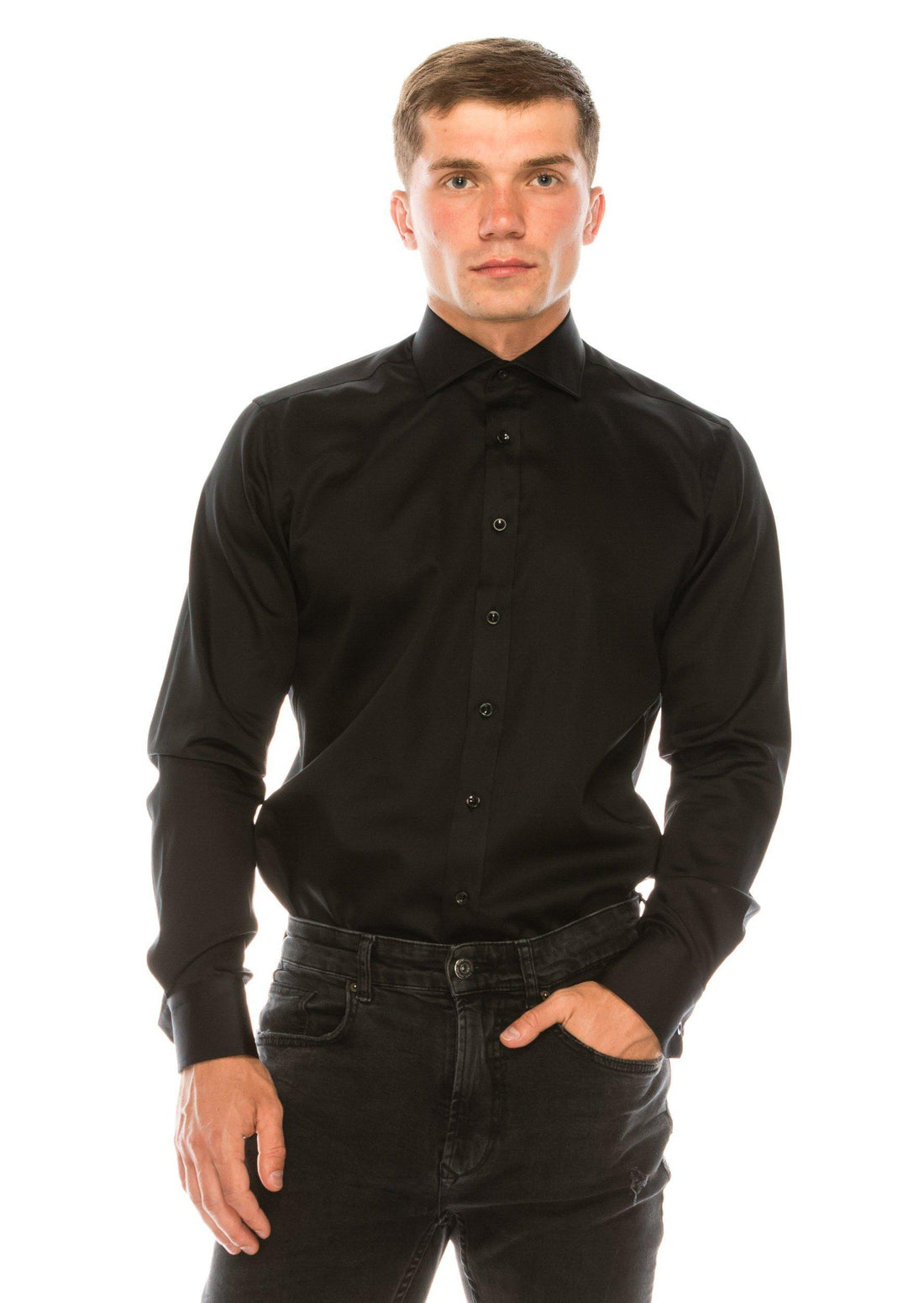 Pure Cotton Spread Collar Fitted Dress Shirt - Jet Black - Ron Tomson