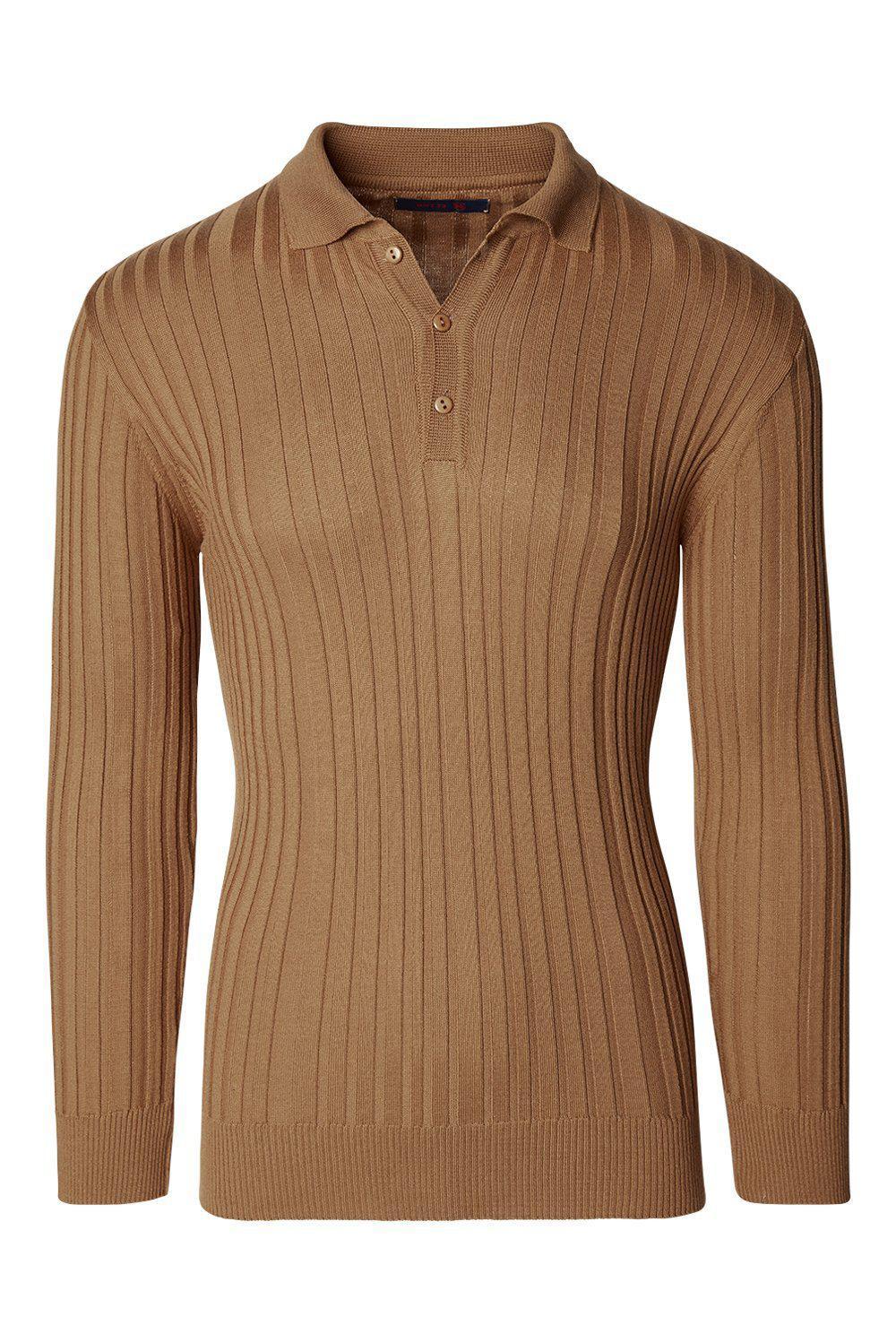 Ribbed L/S Polo - Camel - Ron Tomson