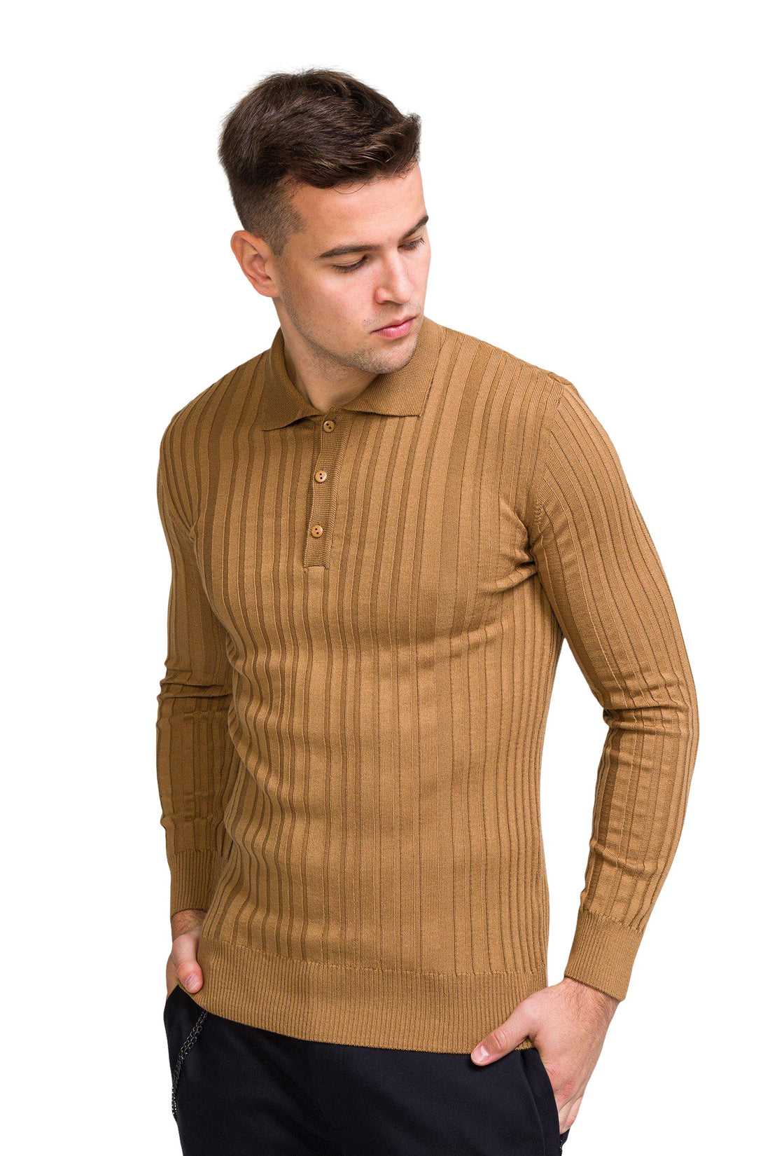 Ribbed L/S Polo - Camel - Ron Tomson