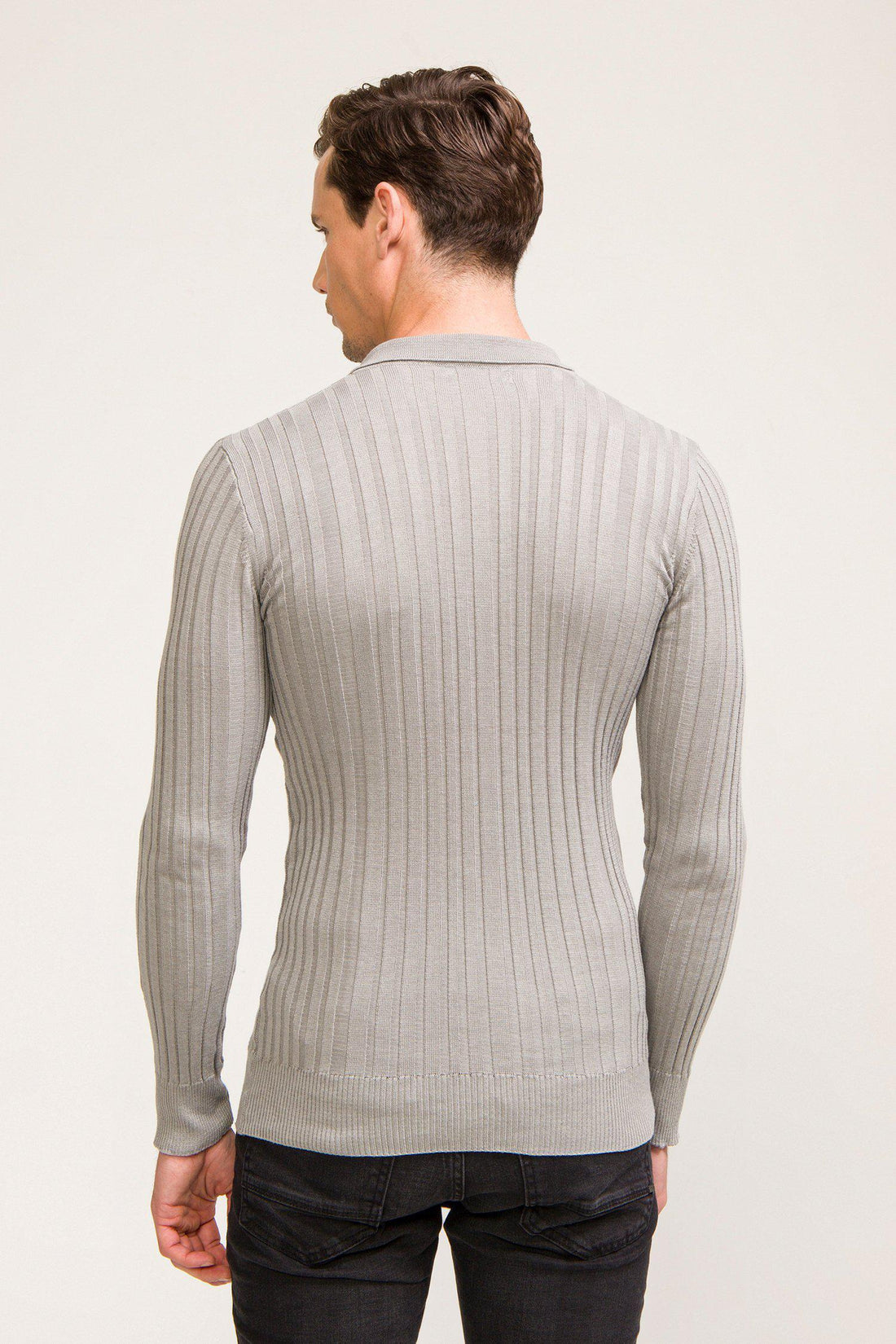 Ribbed L/S Polo - Grey - Ron Tomson