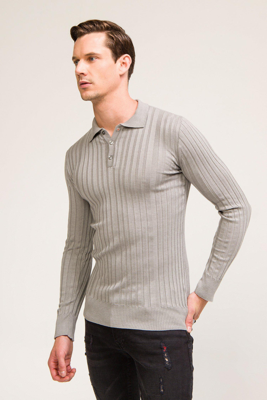 Ribbed L/S Polo - Grey - Ron Tomson