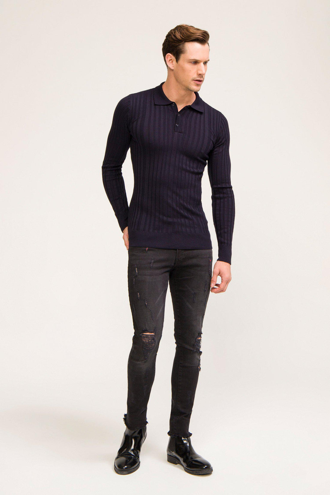 Ribbed L/S Polo - Navy - Ron Tomson