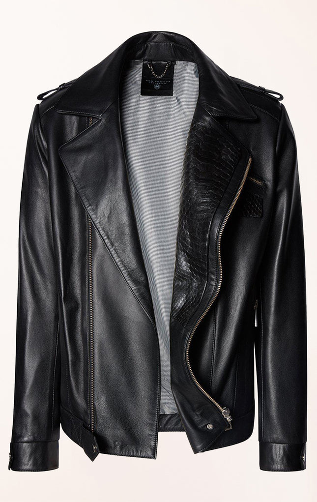 Men's Riders Leather Jacket - Black Calf - Ron Tomson