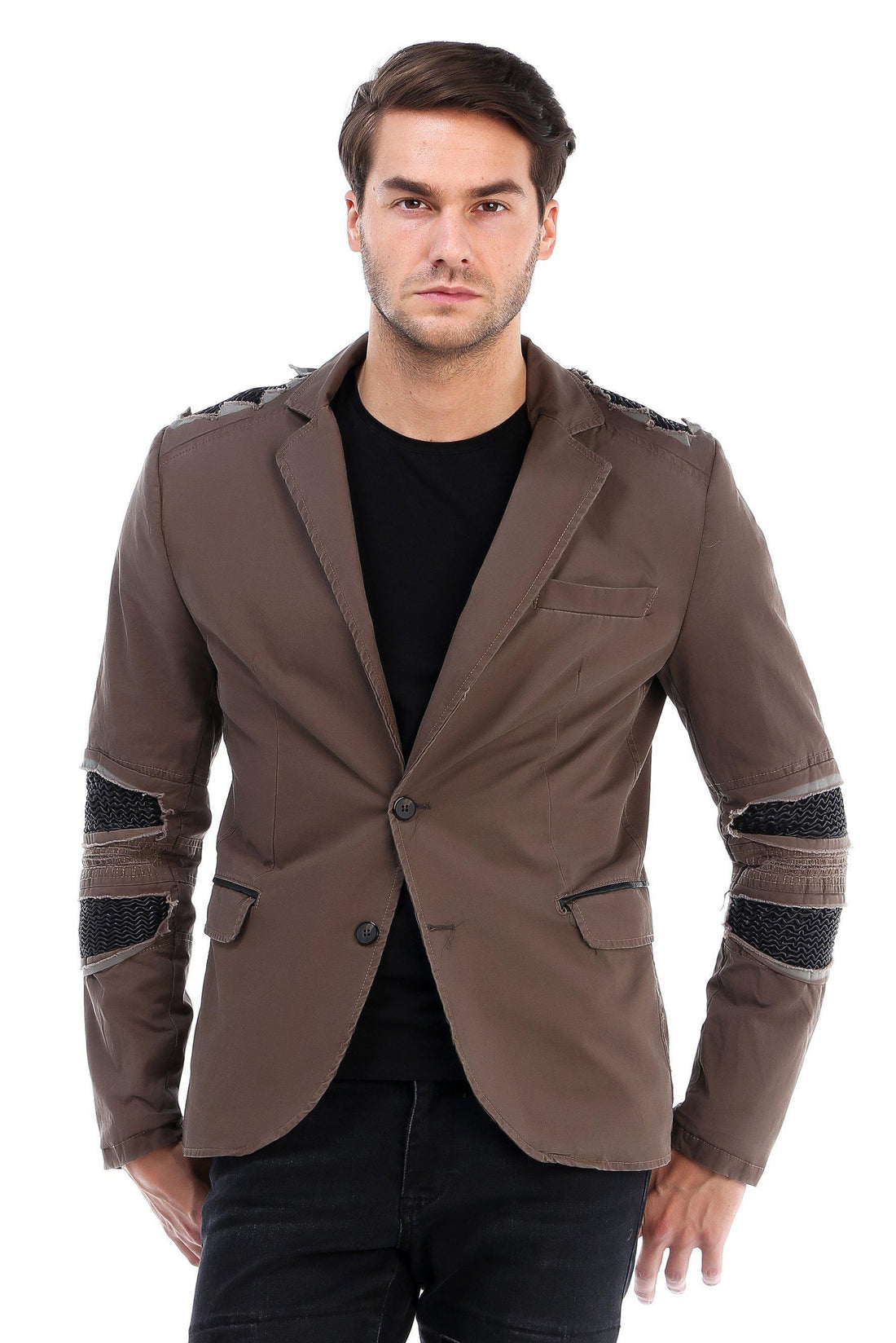 Ripped Patched Slim Fit Motorcycle Jacket - KHAKI - Ron Tomson