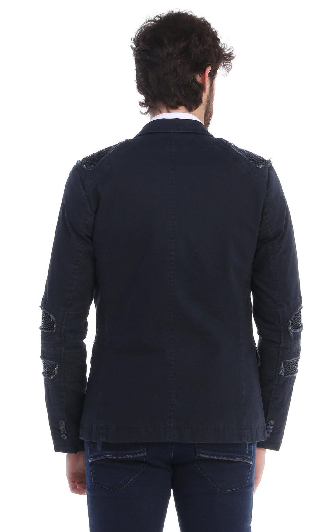 Ripped Patched Slim Fit Motorcycle Jacket - NAVY - Ron Tomson