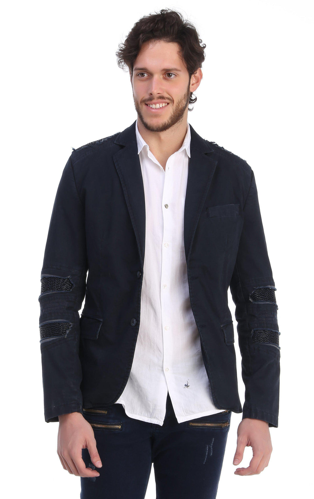 Ripped Patched Slim Fit Motorcycle Jacket - NAVY - Ron Tomson