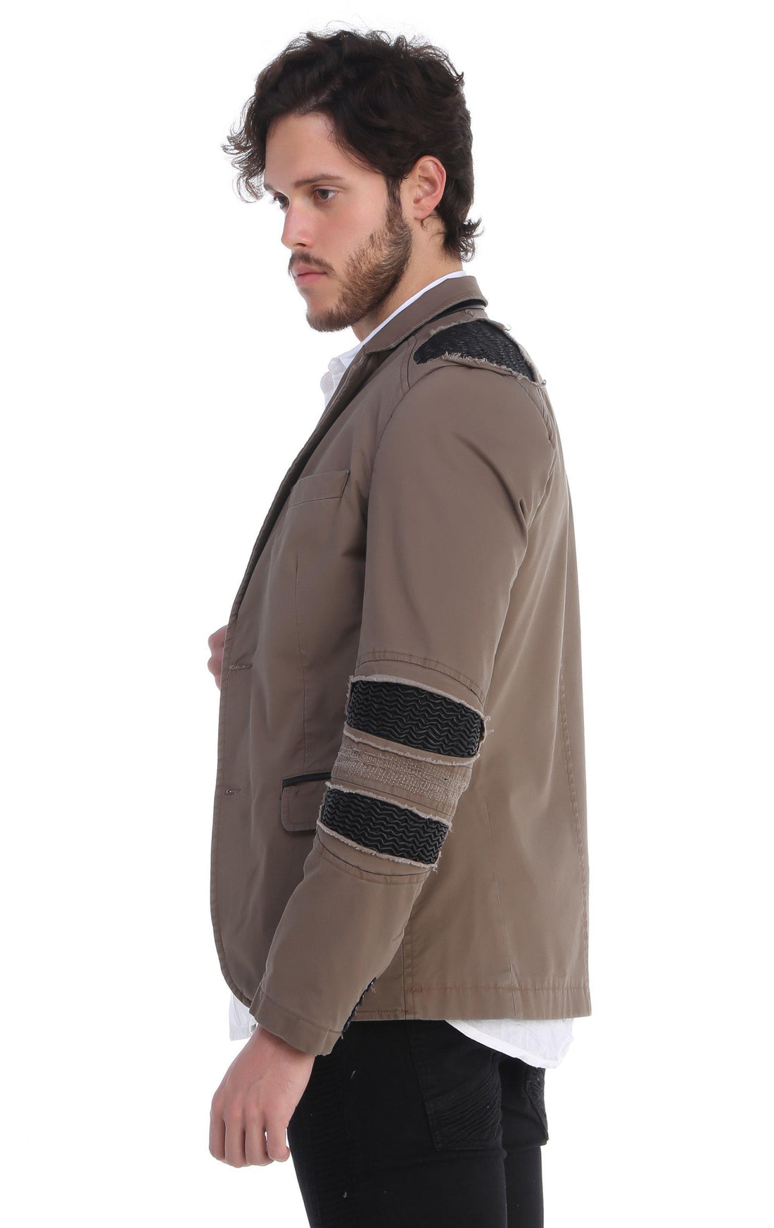 Ripped Patched Slim Fit Motorcycle Jacket - STONE - Ron Tomson
