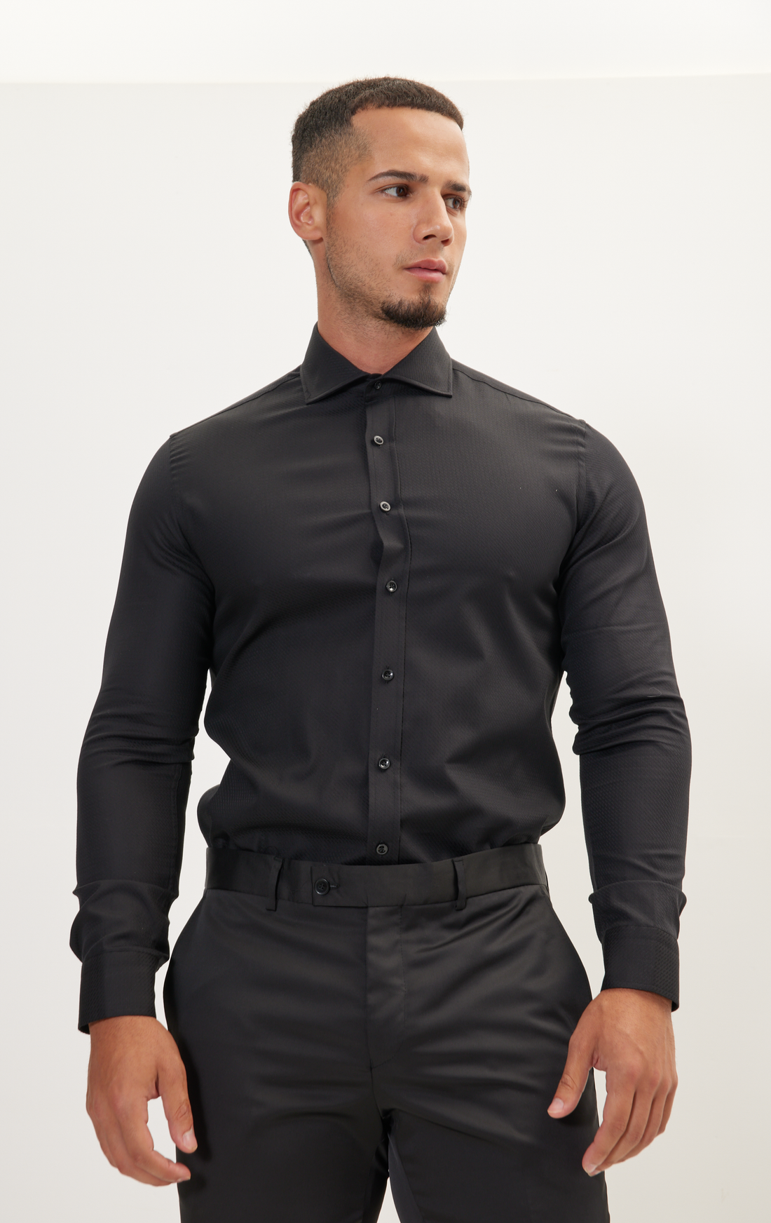 N° 4802A PURE COTTON FRONT PLACKET SPREAD COLLAR DRESS SHIRT - BLACK