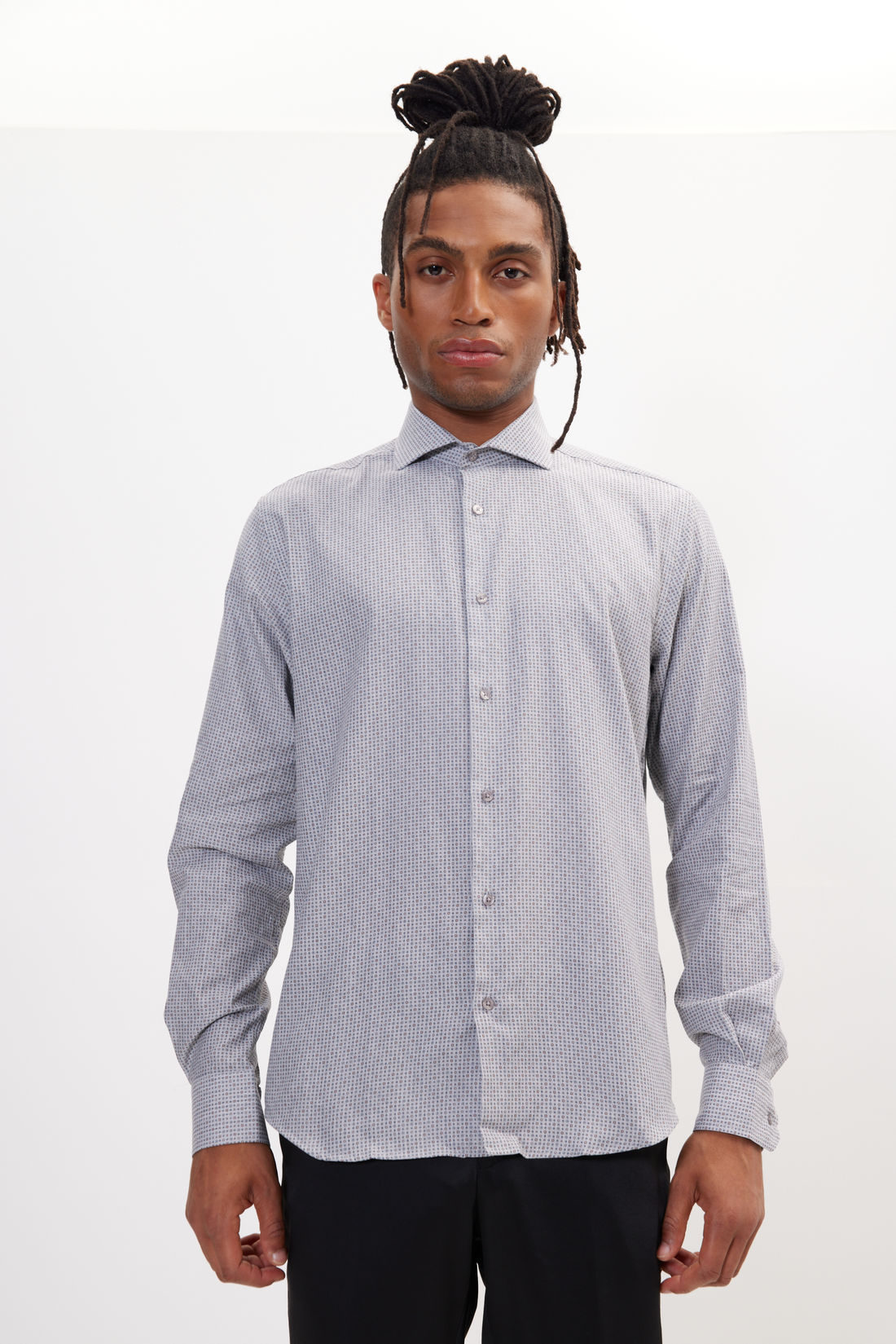 N° AN4903 PURE COTTON FRENCH PLACKET SPREAD COLLAR CASUAL SHIRT - GREY BENGAL STRIPES