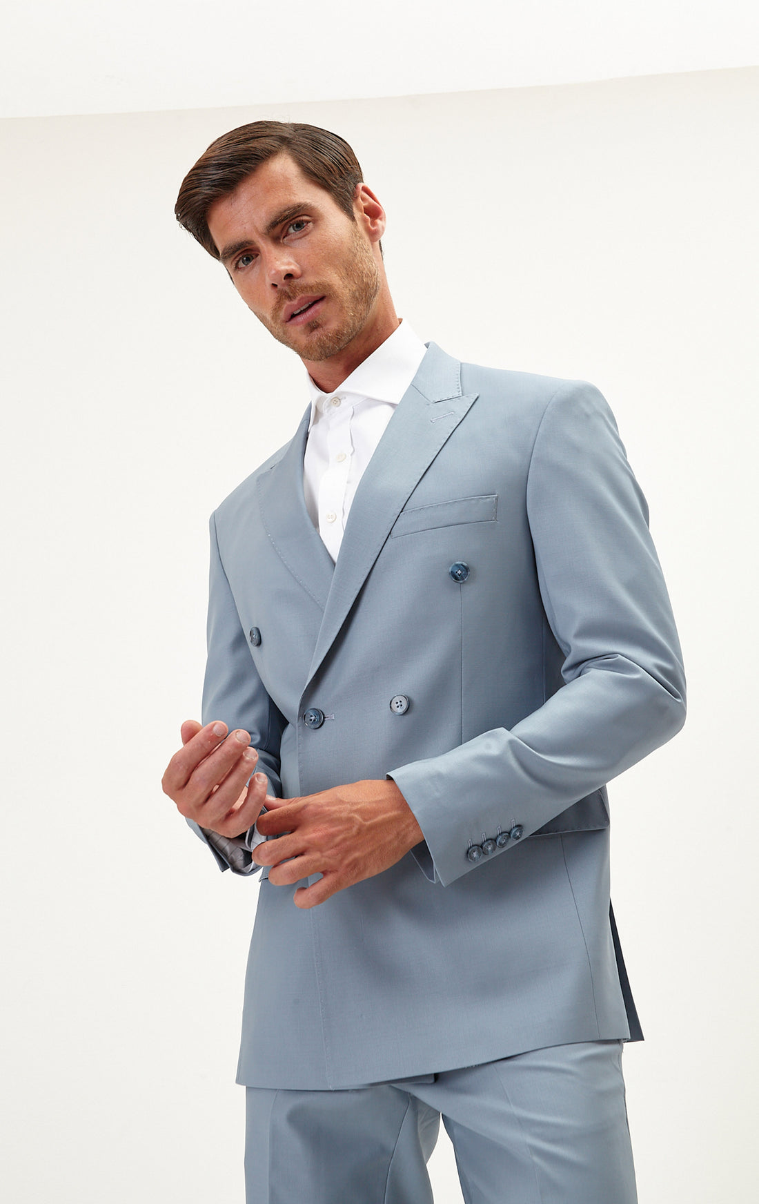 N° R206 Double Breasted Merino Wool Suit - Cool Grey - Ron Tomson