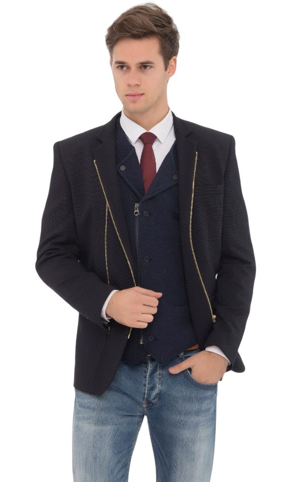 Navy-colored jacket for men featuring two gold zippers.