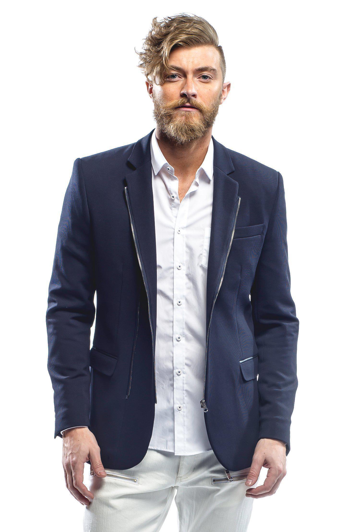 Double Zipper Jacket in Navy Silver - Men's Fashion Casual – Ron