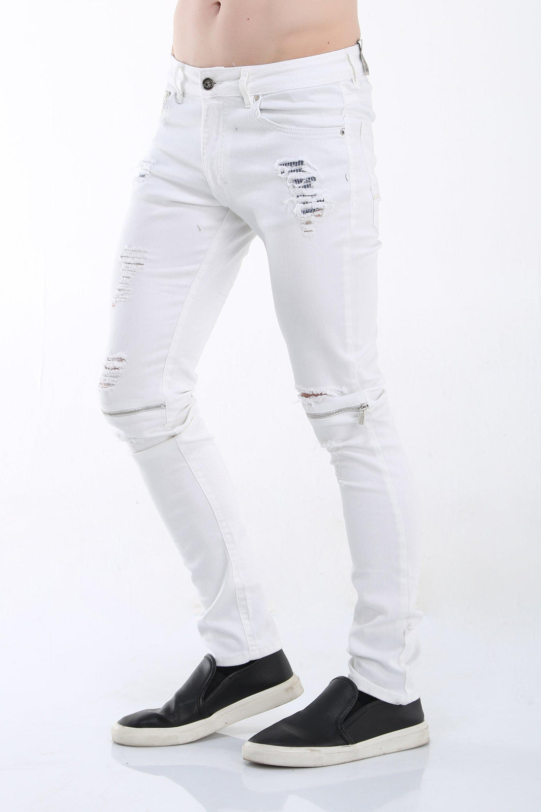Knee Zip Distressed Jeans - WHITE SILVER - Ron Tomson