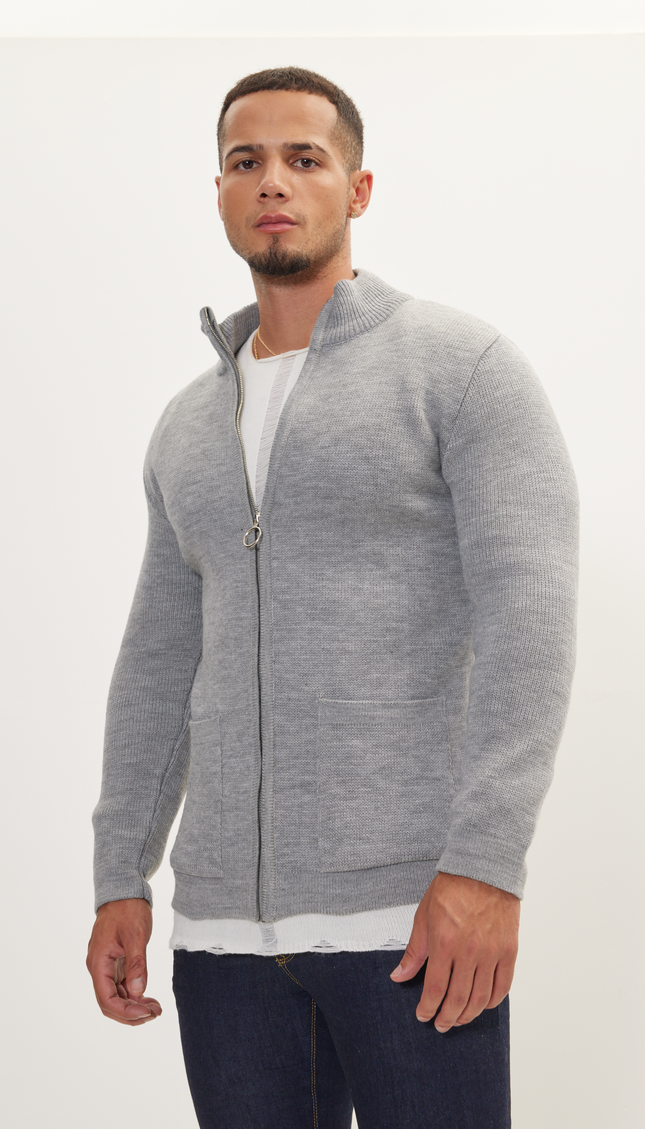 Zipper Up Cardigan - Grey
