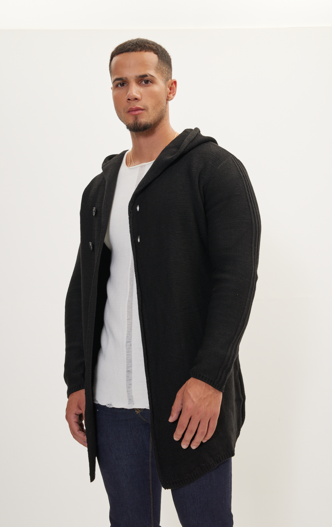 N° 6426 HOODED TWO BUTTON KNIT CARDIGAN - BLACK