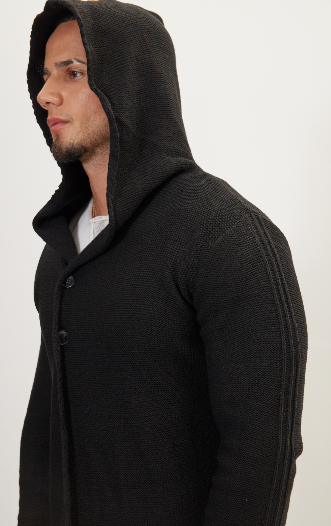 N° 6426 HOODED TWO BUTTON KNIT CARDIGAN - BLACK
