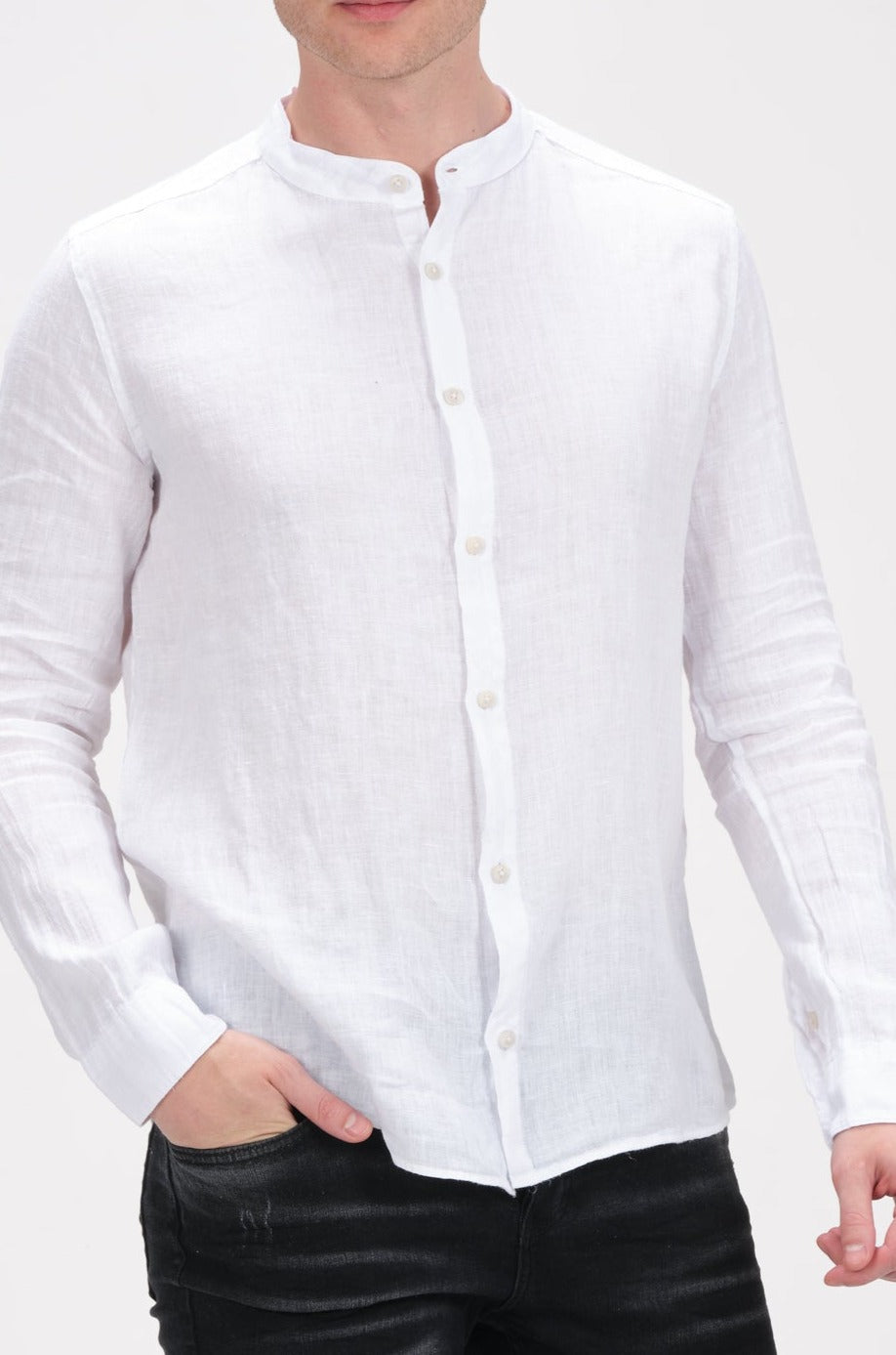 The Linen Grandad Shirt - Optic White - Ron Tomson