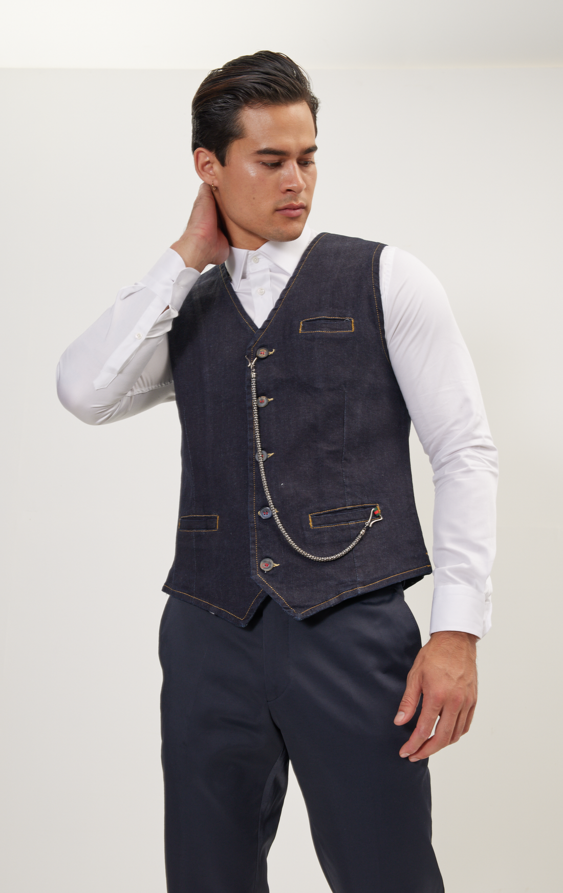 N 5945 PIQUE POCKET WATCH CHAIN VEST NAVY Ron Tomson