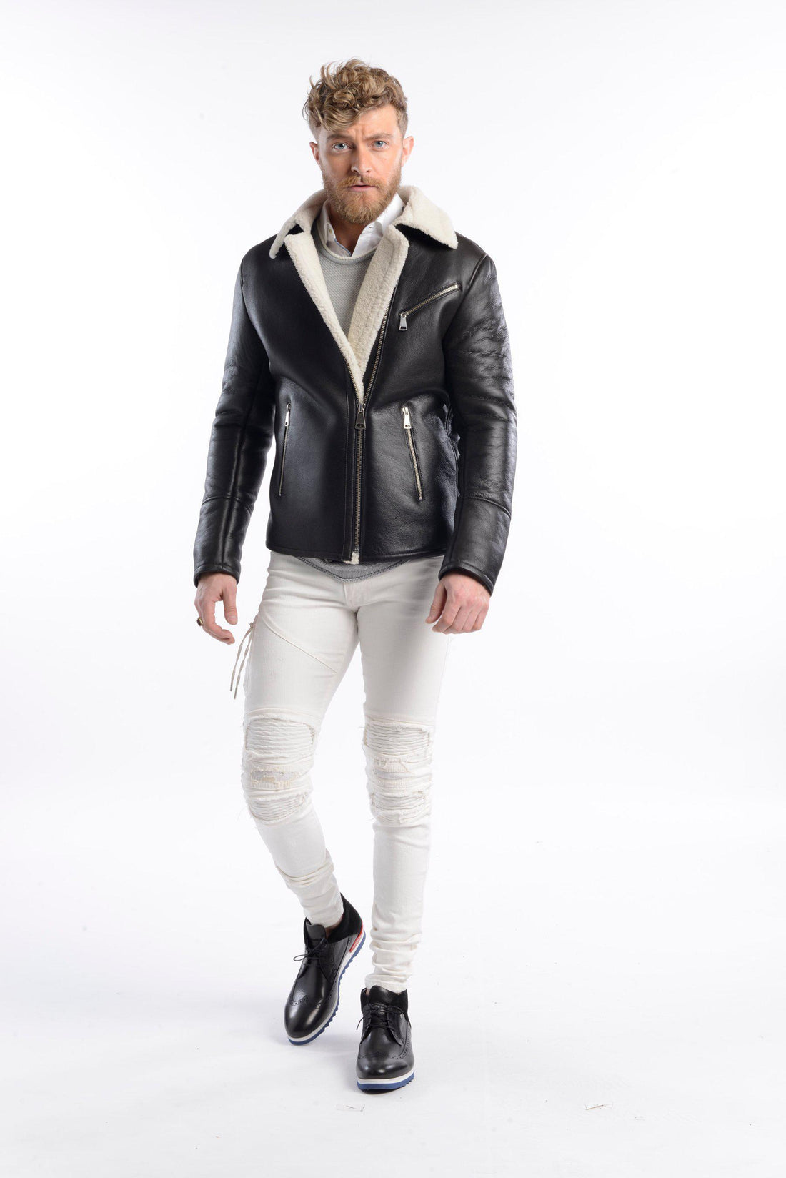 Shearling Lined Leather Jacket - Black - Ron Tomson