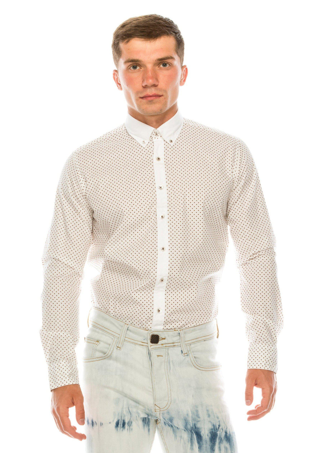Slim Fit Printed Shirt - White Brown - Ron Tomson