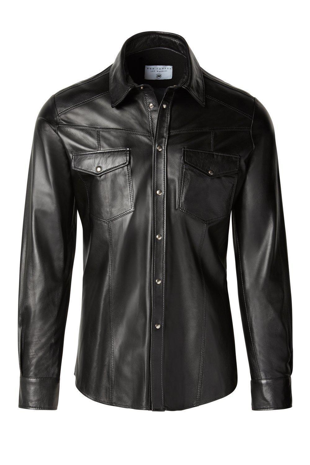 Snap Button Genuine Leather Shirt - Black - Ron Tomson