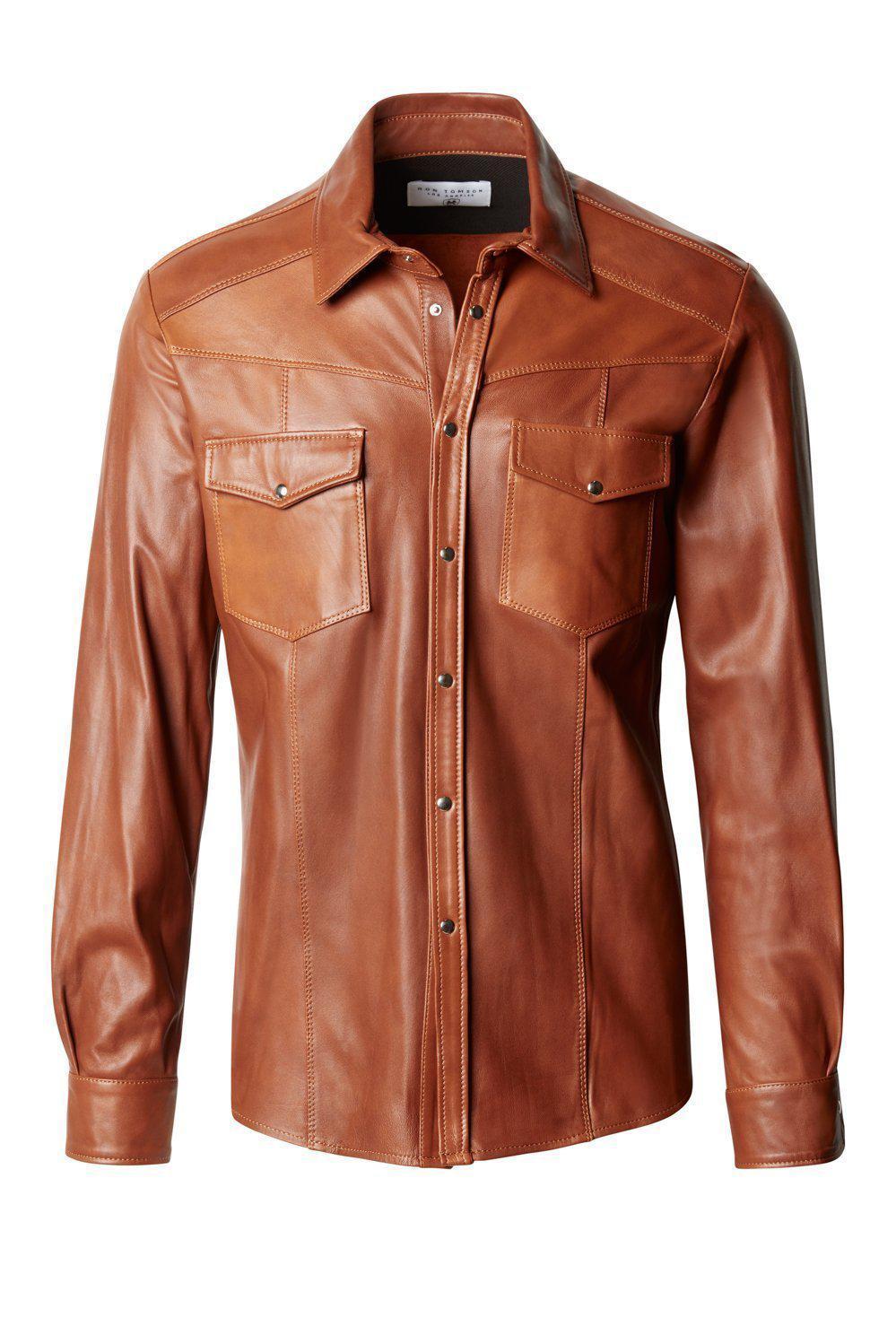 Snap Button Genuine Leather Shirt - Brown - Ron Tomson