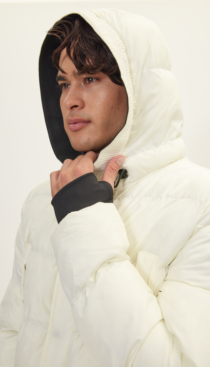 Wide Hooded Long Padded Coat - Off White - Ron Tomson