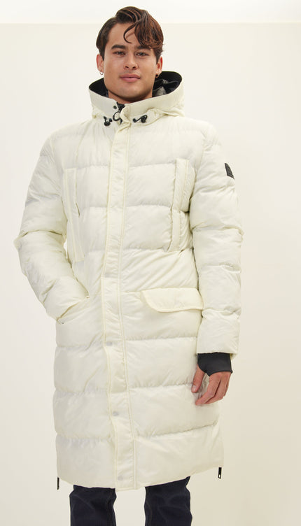 Wide Hooded Long Padded Coat - Off White - Ron Tomson