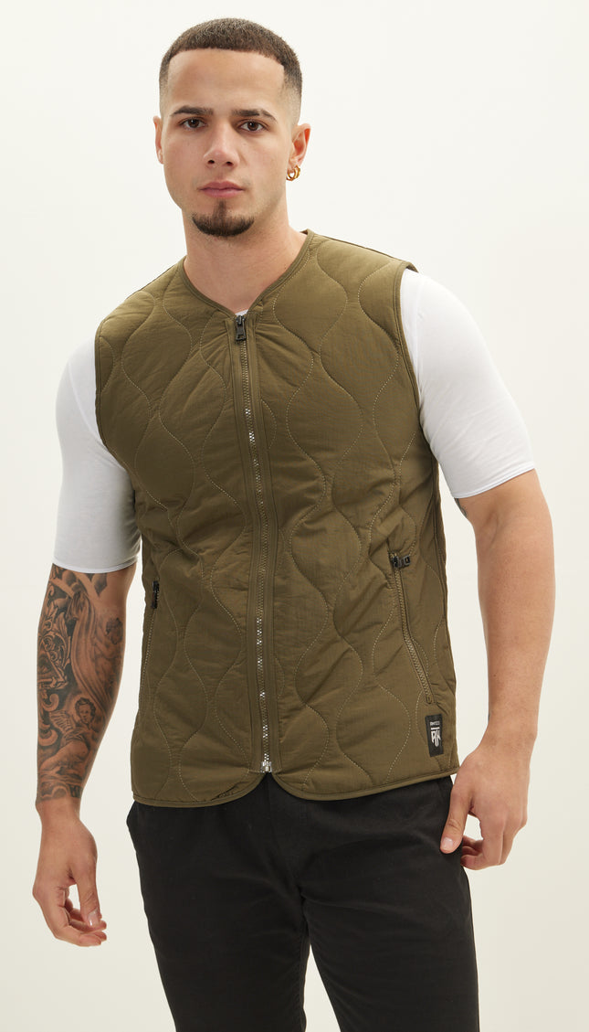 Zipper Up Spring Vest - Khaki - Ron Tomson
